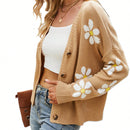 Sueter holgado de punto para mujer, cardigan de manga larga con cuello en v y patron floral con botones para adultos
