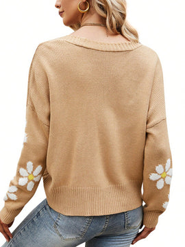 Sueter holgado de punto para mujer, cardigan de manga larga con cuello en v y patron floral con botones para adultos