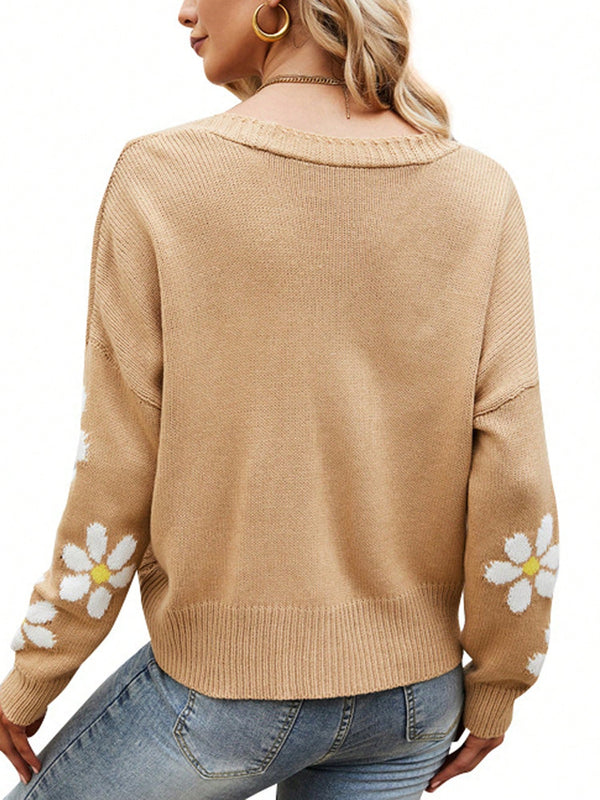 Sueter holgado de punto para mujer, cardigan de manga larga con cuello en v y patron floral con botones para adultos