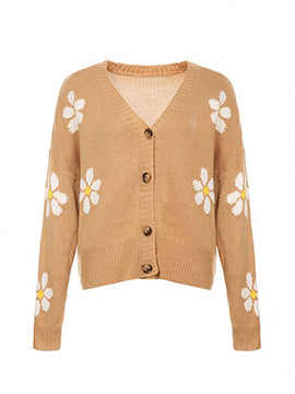 Sueter holgado de punto para mujer, cardigan de manga larga con cuello en v y patron floral con botones para adultos