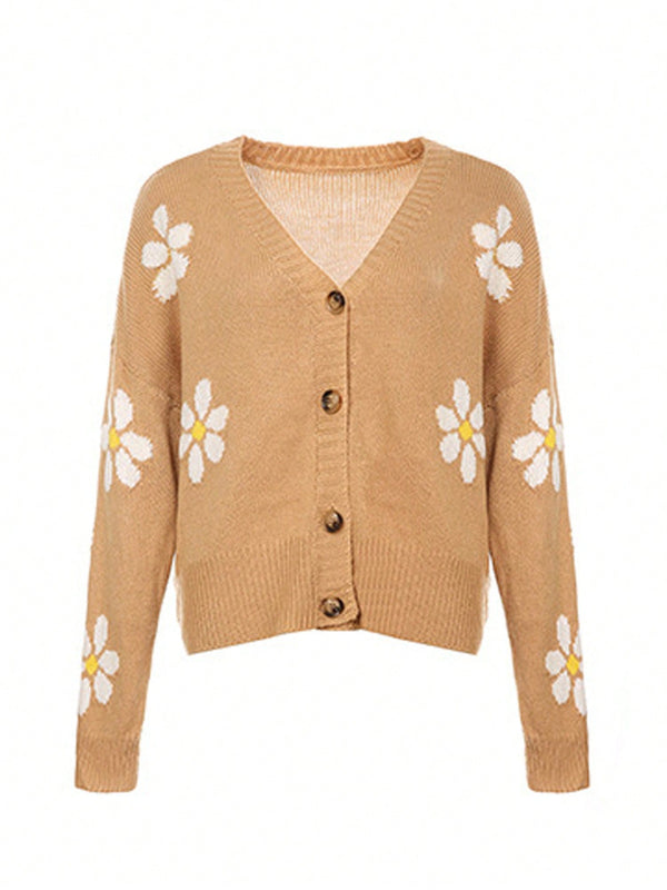 Sueter holgado de punto para mujer, cardigan de manga larga con cuello en v y patron floral con botones para adultos