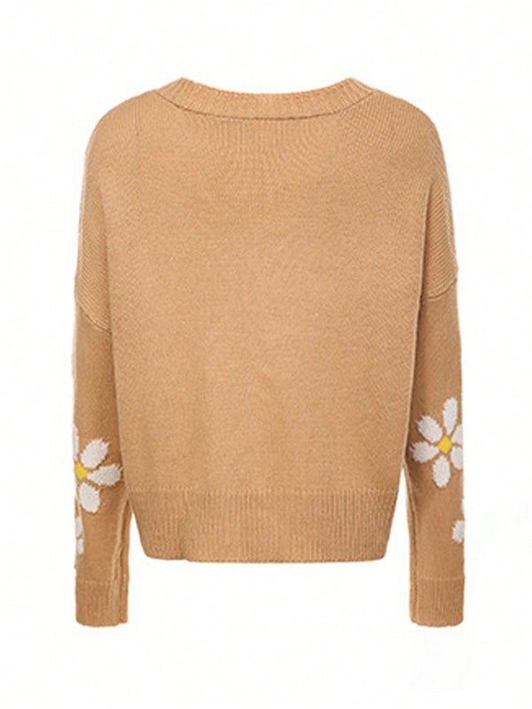 Sueter holgado de punto para mujer, cardigan de manga larga con cuello en v y estampado de flores con botones para adultos