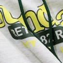 Dazy sudadera casual con capucha de mujer, estampado de parches y manga larga