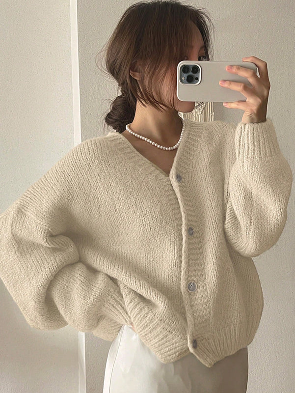 Dazy cardigan holgado de punto de color liso con cuello en v para mujer