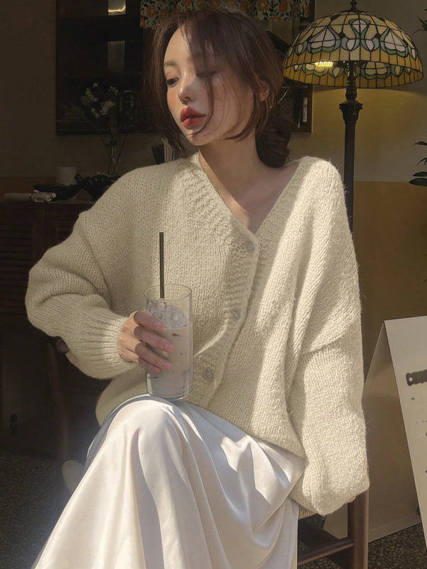 Dazy cardigan holgado de punto de color liso con cuello en v para mujer
