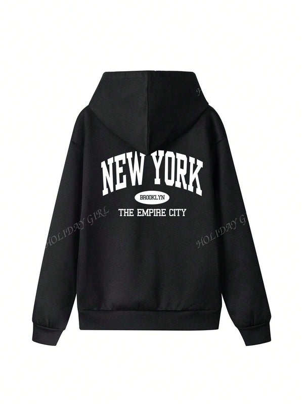 Sudadera con capucha informal y holgada para mujer con estampado de letra, manga larga, forro polar, disenada para un confort extremo, adecuada para usar en capas o sola para crear looks de moda, invierno