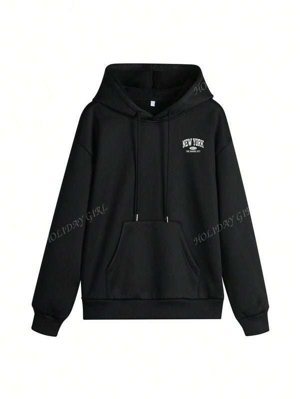 Sudadera con capucha informal y holgada para mujer con estampado de letra, manga larga, forro polar, disenada para un confort extremo, adecuada para usar en capas o sola para crear looks de moda, invierno