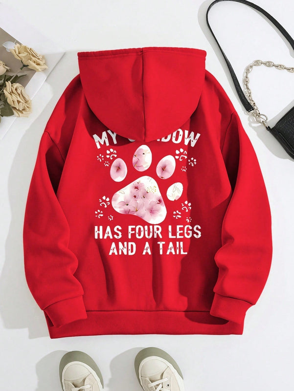 Lune sudadera con capucha informal para mujer con estampado de letra y pata de perro, para otono/invierno