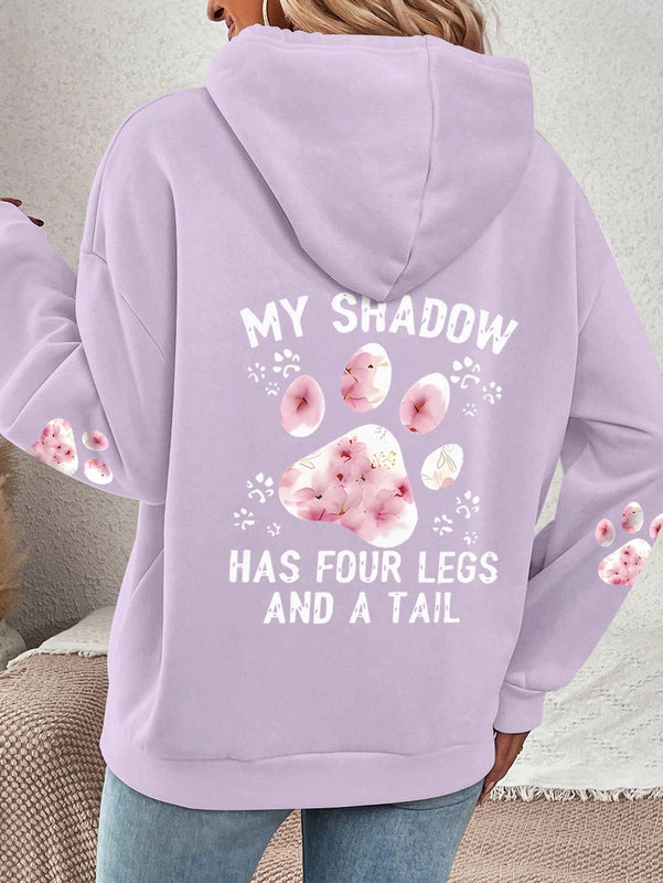 Lune sudadera con capucha informal para mujer con estampado de letra y pata de perro, para otono/invierno