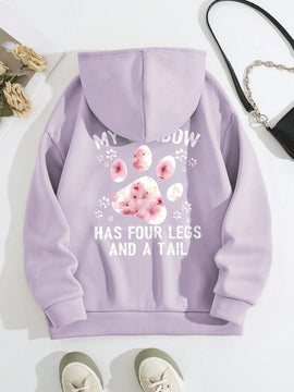 Lune sudadera con capucha informal para mujer con estampado de letra y pata de perro, para otono/invierno