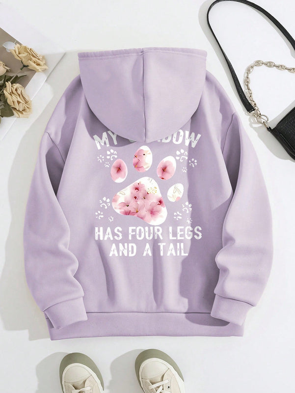 Lune sudadera con capucha informal para mujer con estampado de letra y pata de perro, para otono/invierno