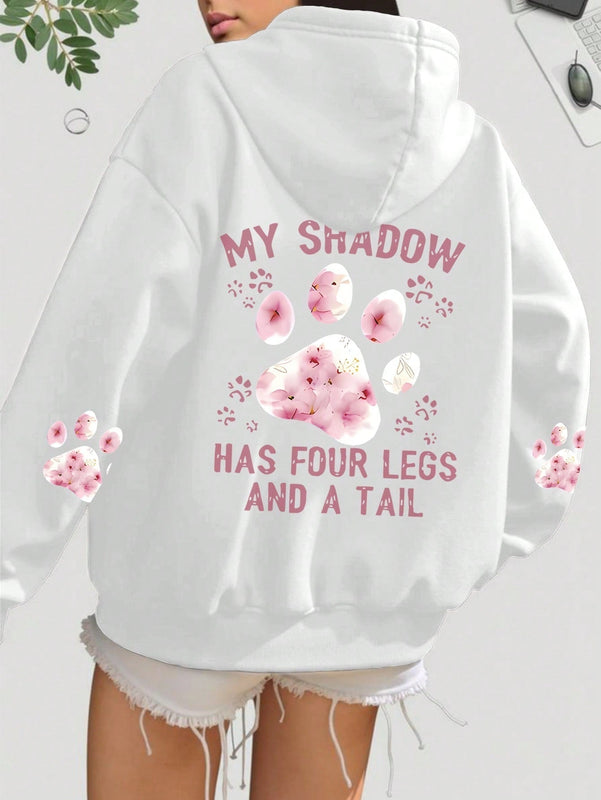 Lune sudadera con capucha informal para mujer con estampado de letra y pata de perro, para otono/invierno