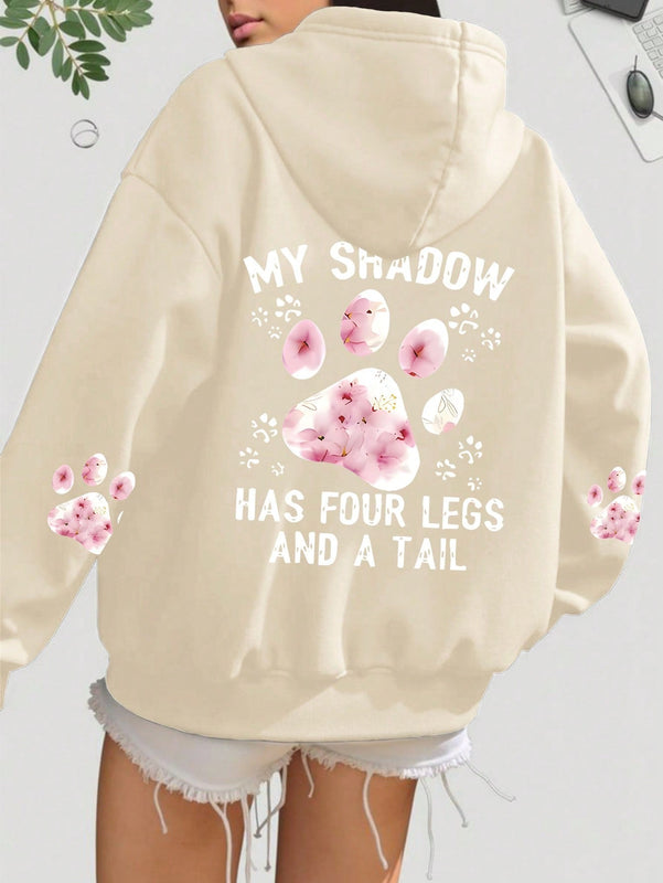 Lune sudadera con capucha informal para mujer con estampado de letra y pata de perro, para otono/invierno