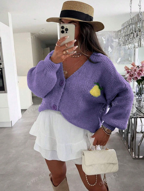 Chaqueta corta de mujer tipo cardigan de manga larga con botones, casual, con diseno de jacquard con limones, para otono e invierno
