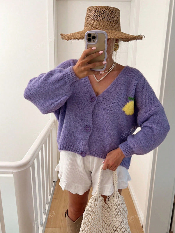 Chaqueta corta de mujer tipo cardigan de manga larga con botones, casual, con diseno de jacquard con limones, para otono e invierno