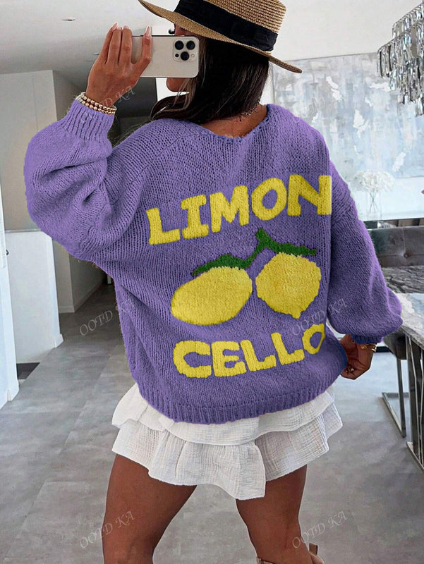 Chaqueta corta de cardigan casual de manga larga con botones y estampado de limon oversize para mujer en otono e invierno