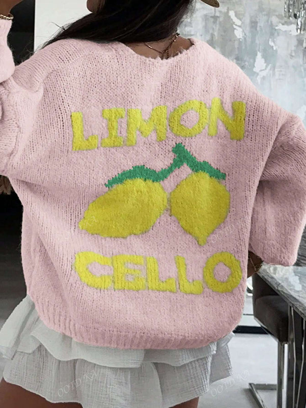 Cardigan corto casual de manga larga para mujer con botones y diseno de jacquard con limones, para otono e invierno