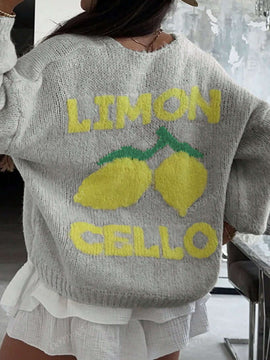 Chaqueta corta de mujer tipo cardigan de manga larga con botones, casual, con diseno de jacquard con limones, para otono e invierno