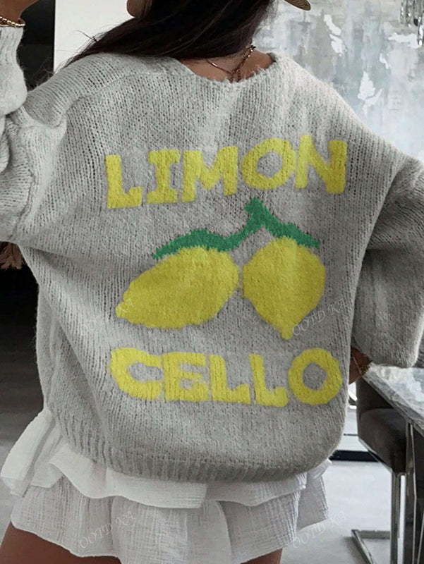Chaqueta corta de cardigan casual de manga larga con botones y estampado de limon oversize para mujer en otono e invierno