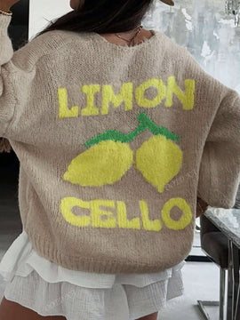 Chaqueta corta de cardigan casual de manga larga con botones y estampado de limon oversize para mujer en otono e invierno