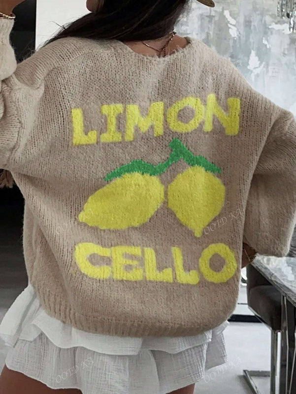 Chaqueta corta de cardigan casual de manga larga con botones y estampado de limon oversize para mujer en otono e invierno
