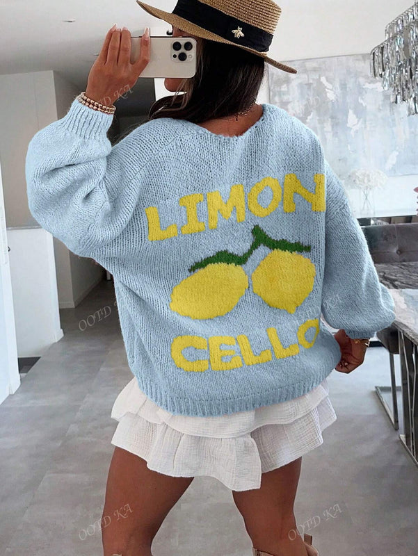 Chaqueta corta de mujer tipo cardigan de manga larga con botones, casual, con diseno de jacquard con limones, para otono e invierno