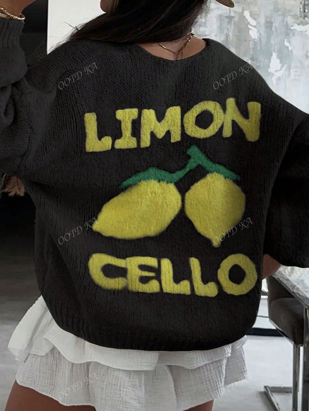 Chaqueta corta de cardigan casual de manga larga con botones y estampado de limon oversize para mujer en otono e invierno
