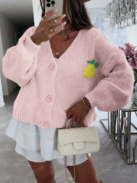 Cardigan corto casual de manga larga para mujer con botones y diseno de jacquard con limones, para otono e invierno
