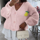 Chaqueta corta de cardigan casual de manga larga con botones y estampado de limon oversize para mujer en otono e invierno