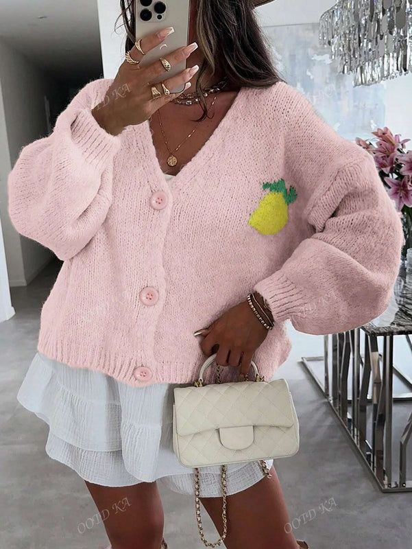 Chaqueta corta de mujer tipo cardigan de manga larga con botones, casual, con diseno de jacquard con limones, para otono e invierno