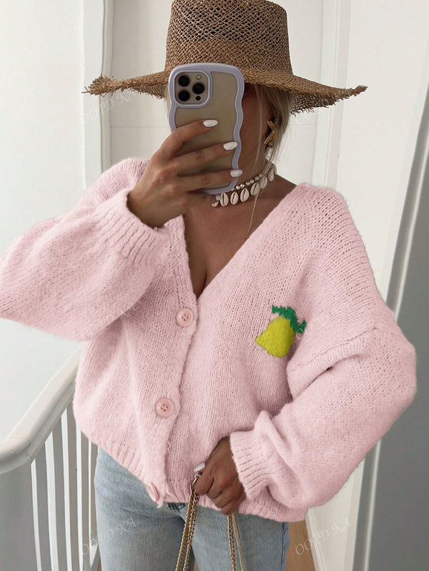 Chaqueta corta de cardigan casual de manga larga con botones y estampado de limon oversize para mujer en otono e invierno