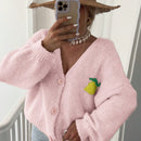 Cardigan corto casual de manga larga para mujer con botones y diseno de jacquard con limones, para otono e invierno