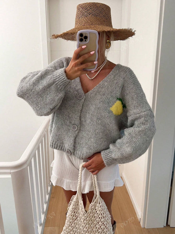 Chaqueta corta de cardigan casual de manga larga con botones y estampado de limon oversize para mujer en otono e invierno