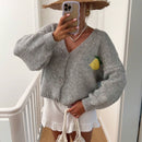 Chaqueta corta de mujer tipo cardigan de manga larga con botones, casual, con diseno de jacquard con limones, para otono e invierno