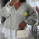 Chaqueta corta de mujer tipo cardigan de manga larga con botones, casual, con diseno de jacquard con limones, para otono e invierno