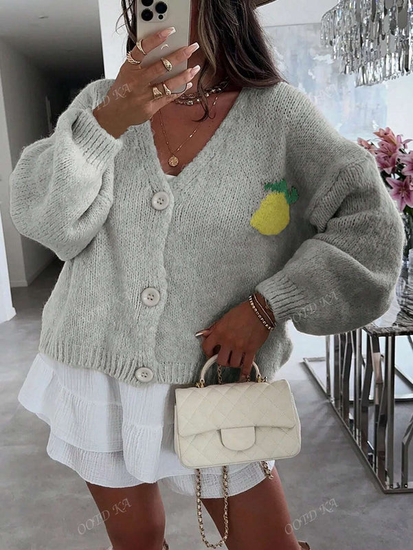 Cardigan corto casual de manga larga para mujer con botones y diseno de jacquard con limones, para otono e invierno