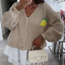 Chaqueta corta de mujer tipo cardigan de manga larga con botones, casual, con diseno de jacquard con limones, para otono e invierno