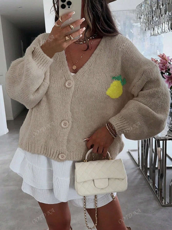 Cardigan corto casual de manga larga para mujer con botones y diseno de jacquard con limones, para otono e invierno
