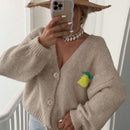 Chaqueta corta de cardigan casual de manga larga con botones y estampado de limon oversize para mujer en otono e invierno