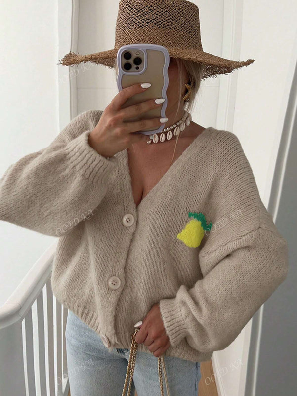 Chaqueta corta de cardigan casual de manga larga con botones y estampado de limon oversize para mujer en otono e invierno