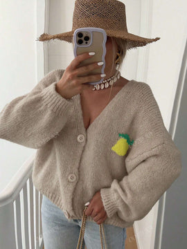 Chaqueta corta de mujer tipo cardigan de manga larga con botones, casual, con diseno de jacquard con limones, para otono e invierno