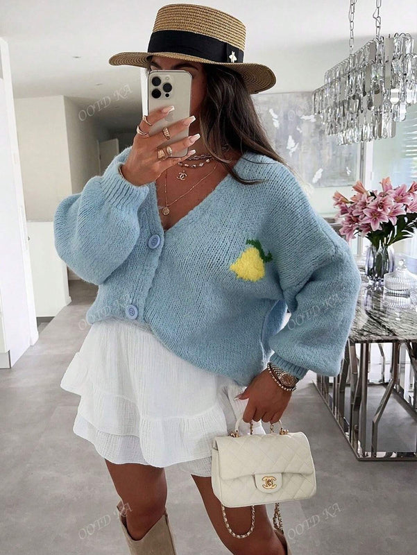 Chaqueta corta de mujer tipo cardigan de manga larga con botones, casual, con diseno de jacquard con limones, para otono e invierno