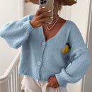 Chaqueta corta de mujer tipo cardigan de manga larga con botones, casual, con diseno de jacquard con limones, para otono e invierno