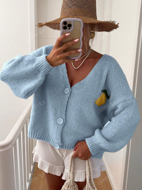 Chaqueta corta de cardigan casual de manga larga con botones y estampado de limon oversize para mujer en otono e invierno
