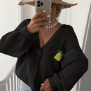 Cardigan corto casual con botones y manga larga, de mujer, con estampado de limon de talla grande para otono e invierno
