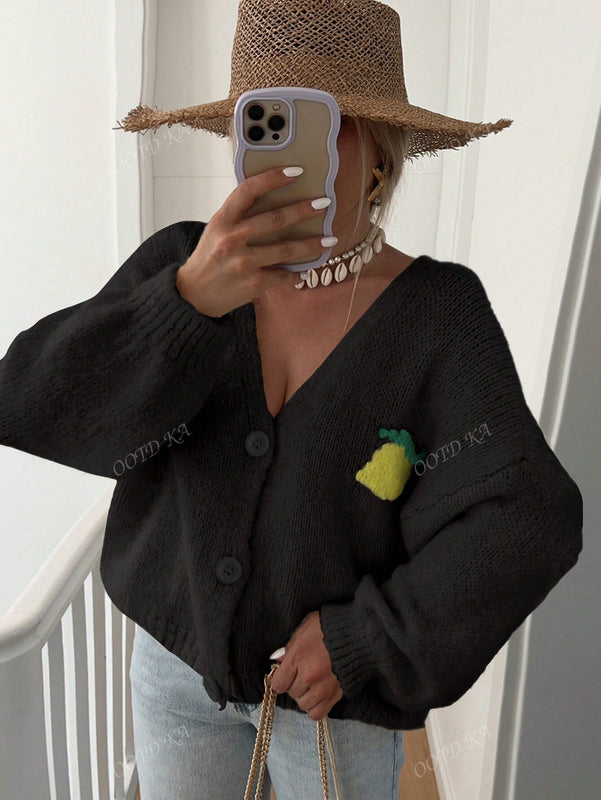 Chaqueta corta de cardigan casual de manga larga con botones y estampado de limon oversize para mujer en otono e invierno