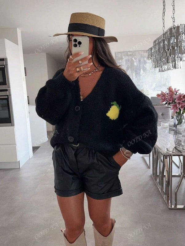 Cardigan corto casual de manga larga para mujer con botones y diseno de jacquard con limones, para otono e invierno