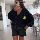 Chaqueta corta de cardigan casual de manga larga con botones y estampado de limon oversize para mujer en otono e invierno