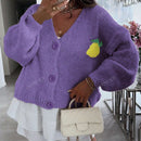 Cardigan corto casual con botones y manga larga, de mujer, con estampado de limon de talla grande para otono e invierno