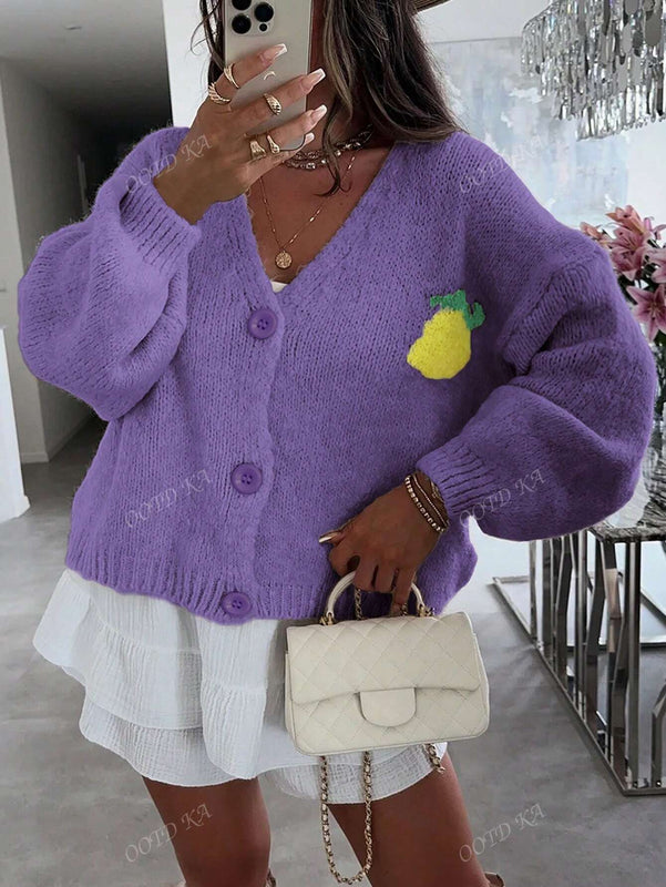Chaqueta corta de cardigan casual de manga larga con botones y estampado de limon oversize para mujer en otono e invierno